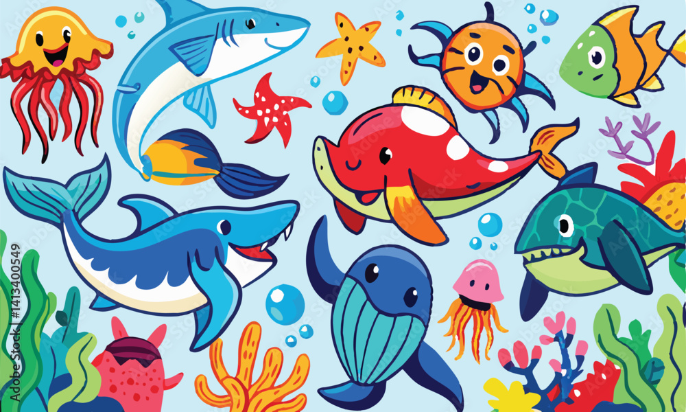 Fototapeta premium Cheerful Cartoon Sea Creatures Sharks Jellyfish And Coral Reef Illustration For Kids