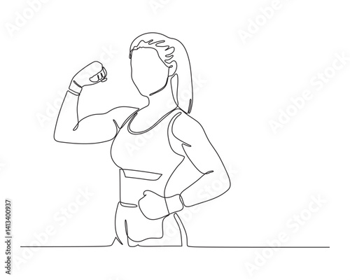 Continuous line art strong woman boxer flexing after training,Fitness and empowerment concept.