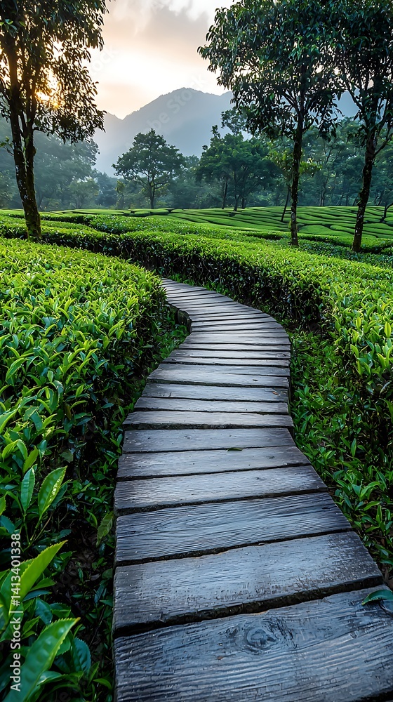 Winding wooden path through lush green tea plantation, mountain backdrop at dawn Winding wooden path through lush green tea plantation, mountain backdrop at dawn