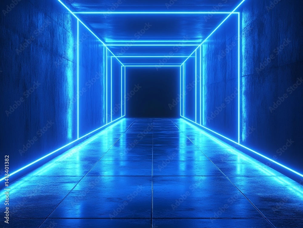 Digital Rendering of a Corridor with Blue Neon Lights Digital Rendering of a Corridor with Blue Neon Lights
