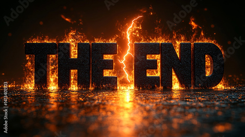 End text with fire and lightning graphic effect. Burning The End text with fire flames and lightning strikes in dark background