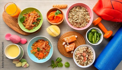 Wallpaper Mural Flat lay of vibrant fitness snacks and healthy grain bowls with weights and yoga gear on table Torontodigital.ca