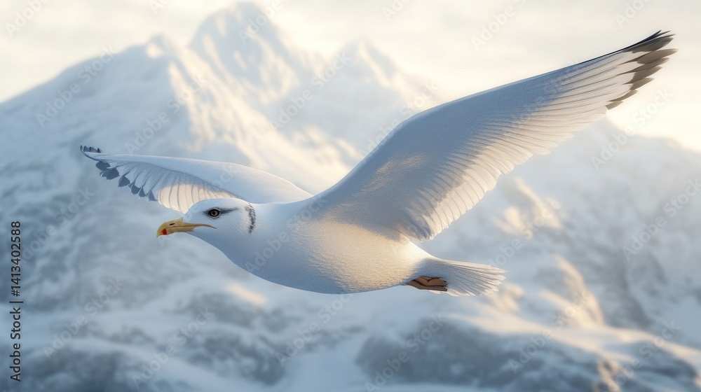 Fototapeta premium With its wings outstretched, a white bird is captured in flight against a blurred and indistinct visual backdrop