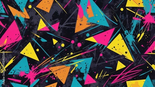 Abstract seamless grunge pattern. Urban art texture with neon lines, triangles, chaotic brush strokes, ink elements. Colorful graffiti vector background