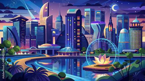 City of Singapore at night, downtown and river view
