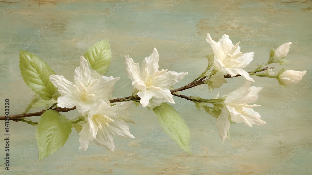 Delicate white blossoms on branch