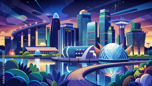 City of Singapore at night, downtown and river view