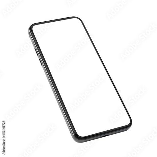 Modern black smartphone mockup lying at an angle on transparent background.