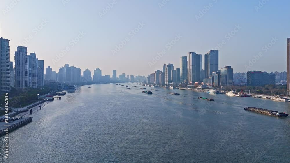 4K Real Time Aerial view of Shanghai skyscraper in downtown and winding river in sunny day. 4K Real Time Aerial view of Shanghai skyscraper in downtown and winding river in sunny day.