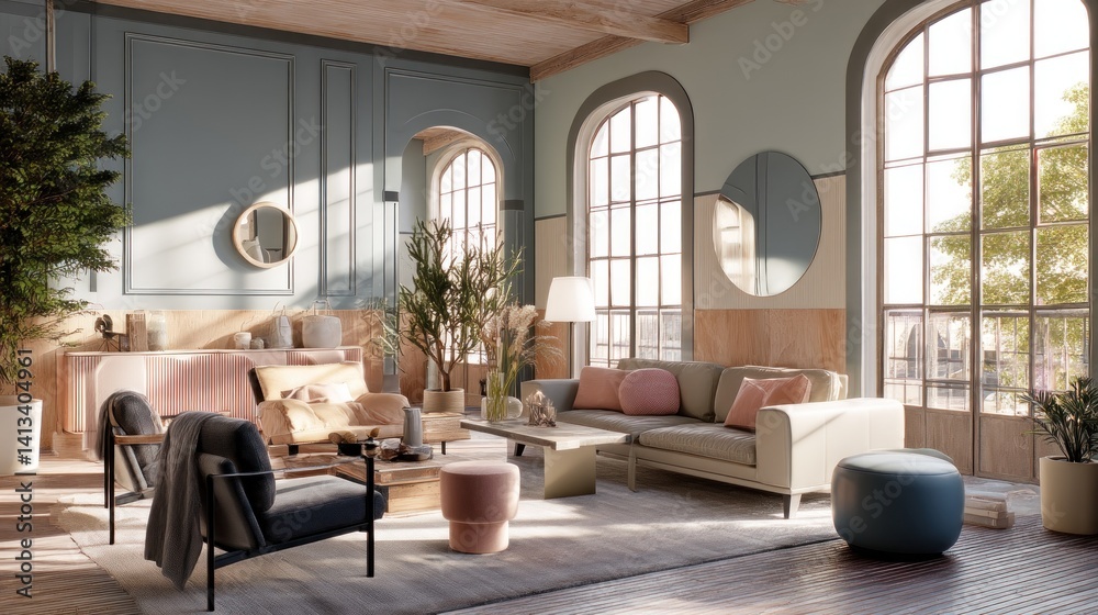 Fototapeta premium Scandinavian lounge with soft, muted colors, functional design, and abundant natural light.