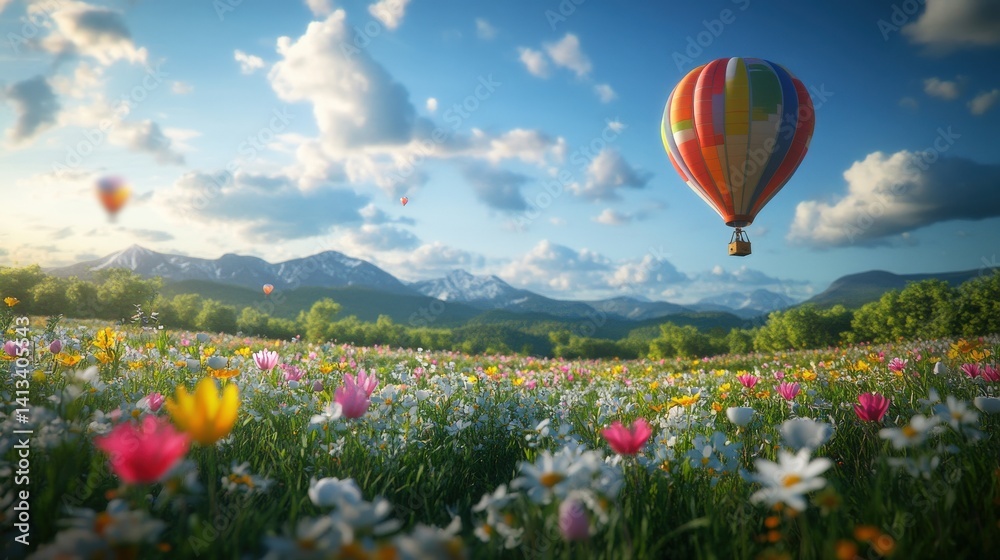 Fototapeta premium Colorful hot air balloons soar over a field of wildflowers peacefully