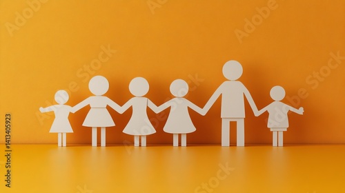 Minimalist abstract depictions of family members are set against a warm orange backdrop