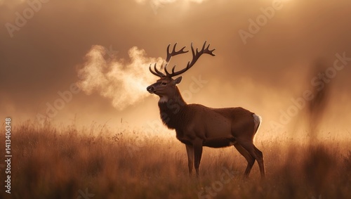 Impressive red deer bellowing in the early light marking the onset of the rutting season.