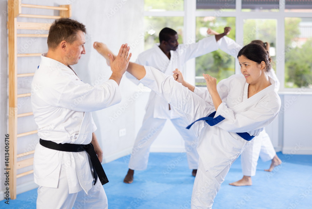 Multinational partners during martial arts karate class train to perform basic blows to opponent with hands and feet. Preparation of athletes for competitions Multinational partners during martial arts karate class train to perform basic blows to opponent with hands and feet. Preparation of athletes for competitions