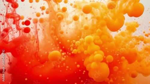 HD video of red and orange liquid paint colliding mid-air, forming swirling clouds and colorful splashes