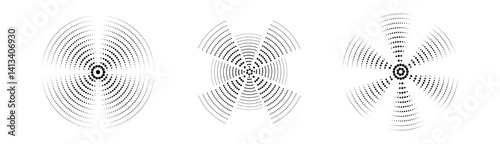A set of black sound wave rings, of interrupted lines and dots . Rings with radial lines. Target icon, epicenter. Concentric vortex circles. Vector illustration