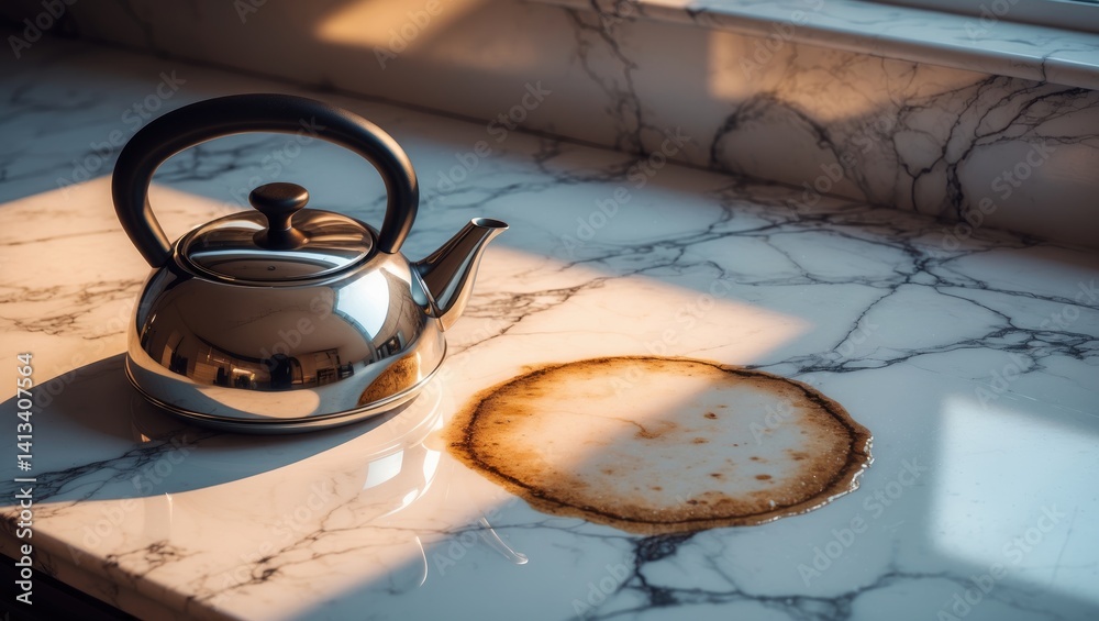 The laminate kitchen countertop was harmed because of the hot teapot.