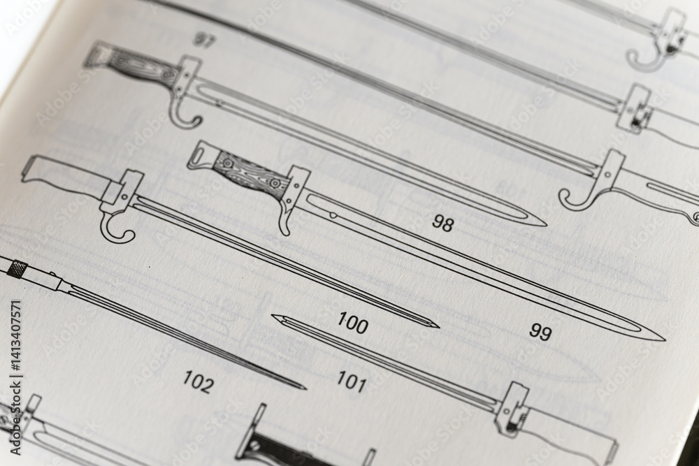A sample of different types of bayonets drawn on paper.