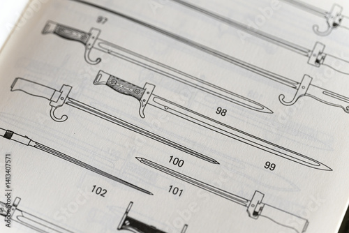 Obraz na płótnie A sample of different types of bayonets drawn on paper.
w salonie