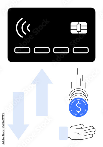 Contactless card with payment waves, arrows indicating money flow, dropping coins, and a hand. Ideal for finance, retail, banking, e-commerce, tech innovation payment methods simple landing page