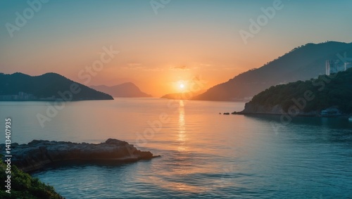 Gorgeous dawn at the mouth of the bay. The sun emerges from the horizon signifying the start of a new day in this tourist location.
