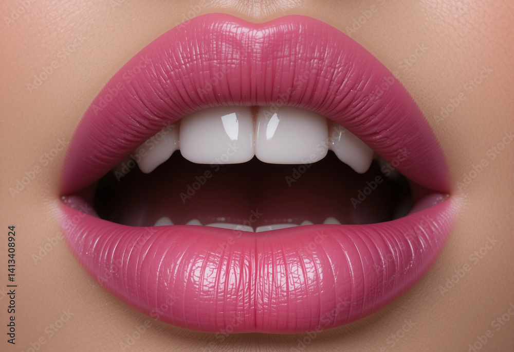 A woman's mouth is open, showing her teeth and pink lips A woman's mouth is open, showing her teeth and pink lips
