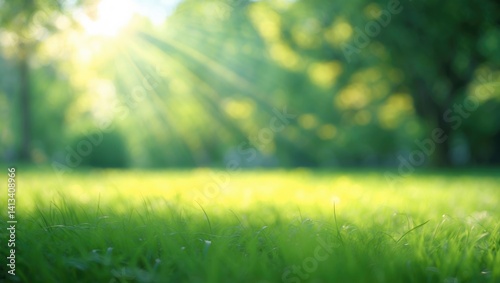Fototapeta Naklejka Na Ścianę i Meble -  Sunbeam-drenched grass field with a soft focus effect.