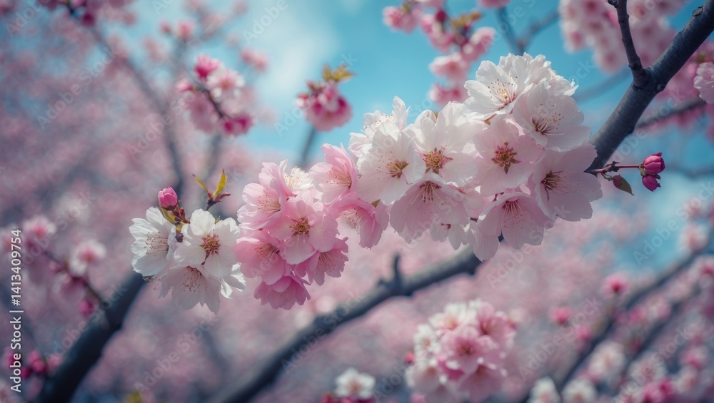 Obraz premium The stunning cherry blossom tree in full bloom representing spring, with the sky visible behind its flowers.