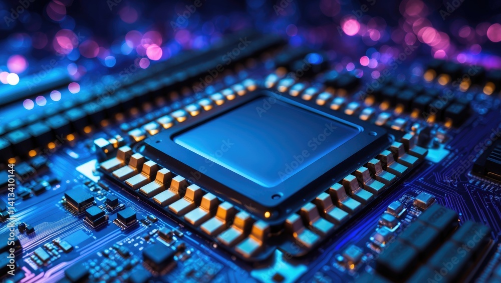 Motherboard featuring a CPU desktop with contacts oriented upwards, highlighted in blue light. Technology setting.