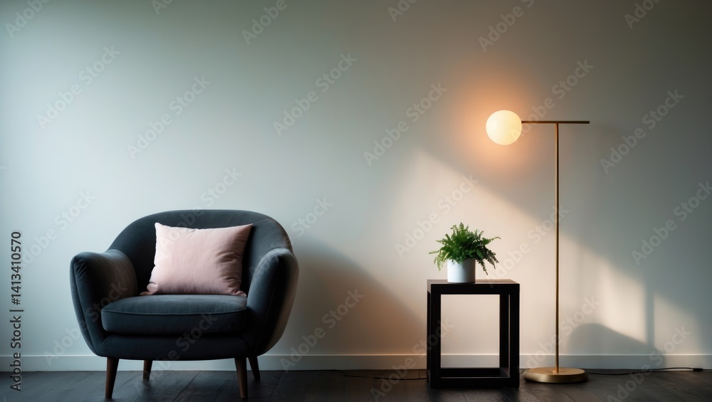 Cozy armchair featuring a pink pillow, illuminated floor lamp against a gray wall backdrop in an office or living room. Minimalistic, contemporary home decor.