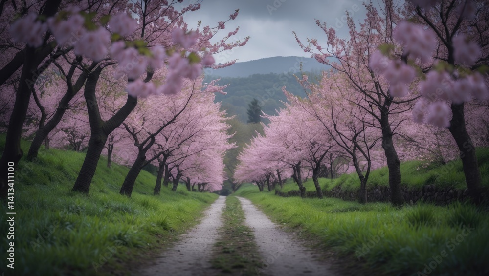 Fototapeta premium Mount Covered in Cherry Blossoms: A Spring Palette