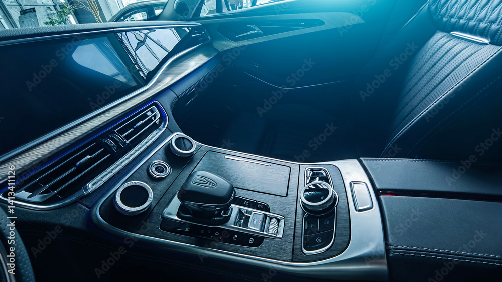 Fototapeta premium Luxury car salon 2025. Ambient lighting. Premium luxury car salon.