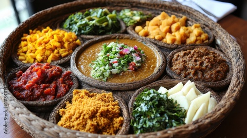 Experience the unique flavors of Ethiopian cuisine with injera, a spongy flatbread served with an array of flavorful stews and salads. photo