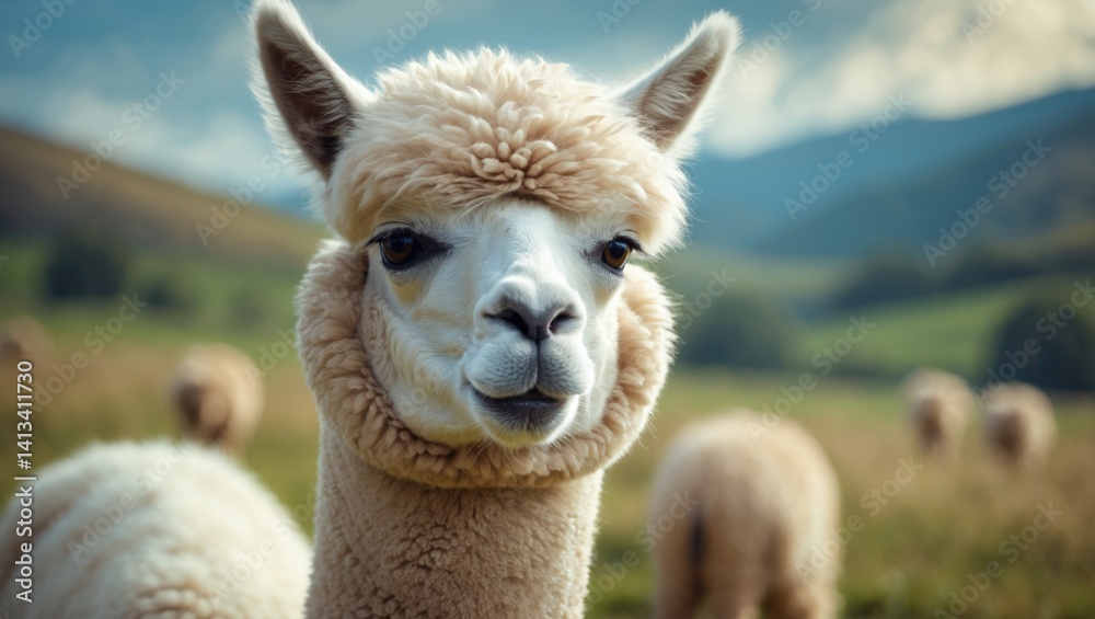 Obraz premium Adorable curly white alpaca in soft sunlight, focusing on the camera while grazing with companions on a farm surrounded by lush green mountains.