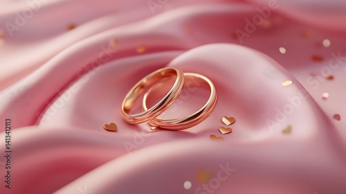 Romantic golden wedding rings on soft pink silk fabric with tiny heart confetti – elegant and dreamy love celebration concept for weddings or anniversaries

