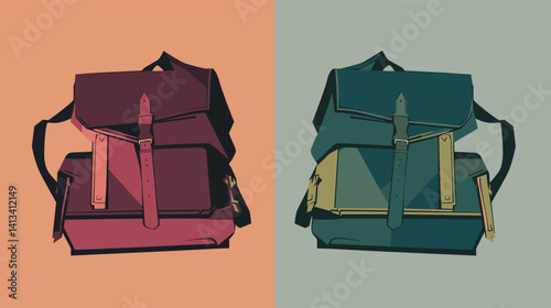 Dual-toned backpack design with buckles and straps on split background flat vector illustration