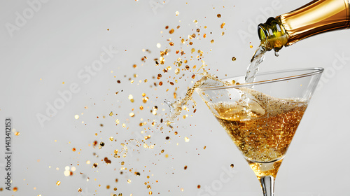 Elegant golden champagne bottle pouring shimmering golden glitter in a luxurious concept