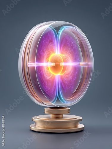 Scientific visualizations of nuclear fusion energy reaction, A vibrant plasma globe displaying colorful energy patterns. Atomic-scale reaction, plasma energy visualization