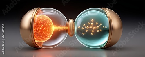 Scientific visualizations of nuclear fusion energy reaction, Futuristic concept of energy transformation in glass capsules. Atomic-scale reaction, plasma energy visualization