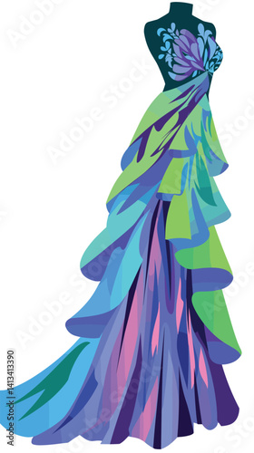 Elegant multicolored strapless evening gown with floral bodice design flat vector illustration