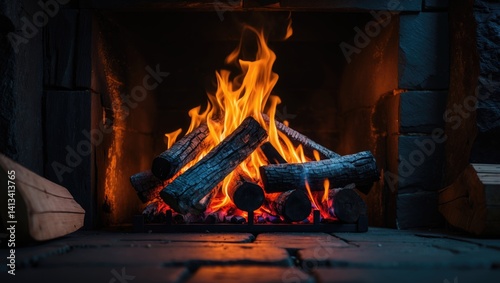 Seasonal fireplace with flames. Detailed view of firewood burning.