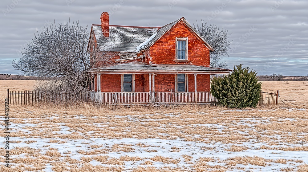 Derelict farmhouse in winter field
