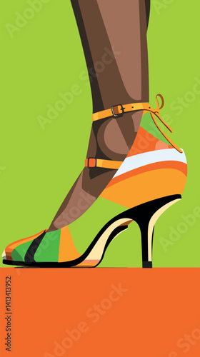 African female leg with multicolored high heel shoe abstract art flat vector illustration