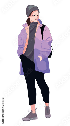Young caucasian female in casual outfit with beanie and backpack, illustrative art flat vector illustration