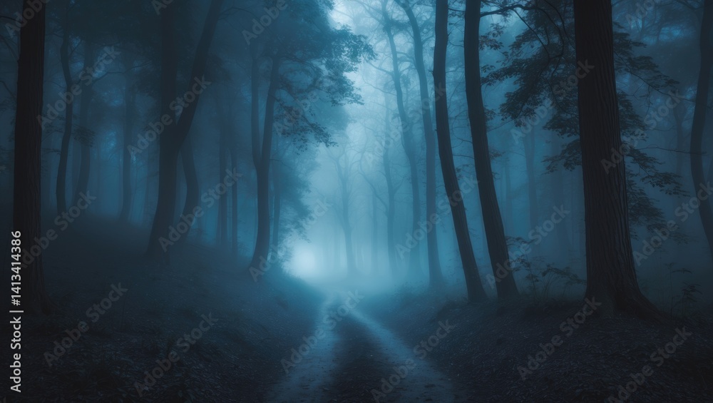 Obraz premium Foggy forest illuminated by blue light