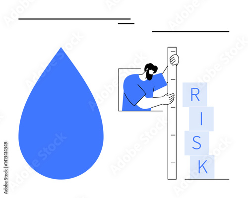 Large blue drop, person measuring stacked risk blocks with ruler. Ideal for measuring, risk management, analytics, business planning, decision-making, evaluation, simple landing page