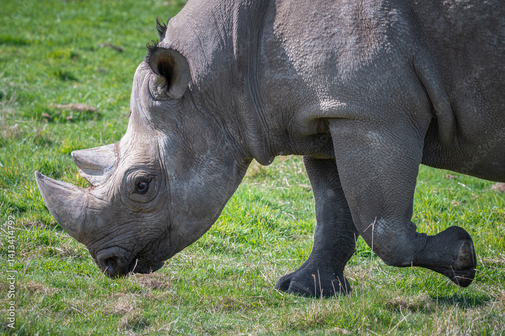 Fototapeta premium Adult Male Black Rhinoceros Walking on Grass