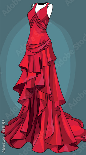 Elegant red evening gown with ruffled layers and sleeveless design flat vector illustration