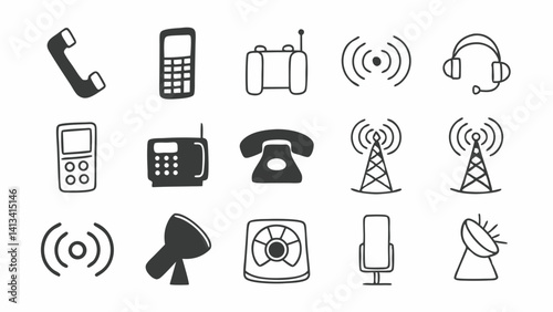 Telecommunication Icons: Line style icons for phone, landline, voicemail, network tower, communication, satellite, messaging, 5G, signal, and more. Editable stroke