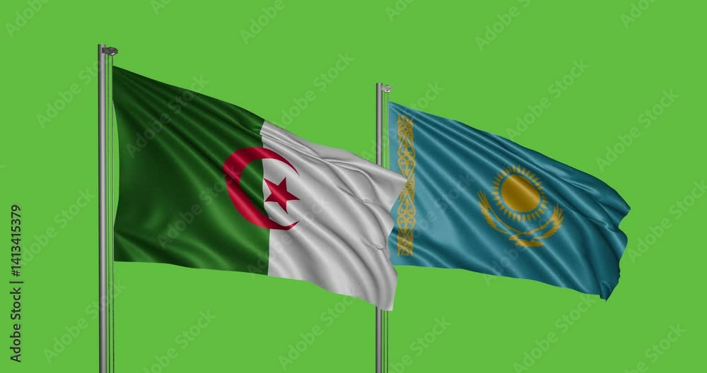 Algeria and Kazakhstan 3D flags, Cultural power in patterned waves, chroma key background